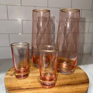 Vintage Rose Color Gold Rimmed Champagne and Shot Glasses